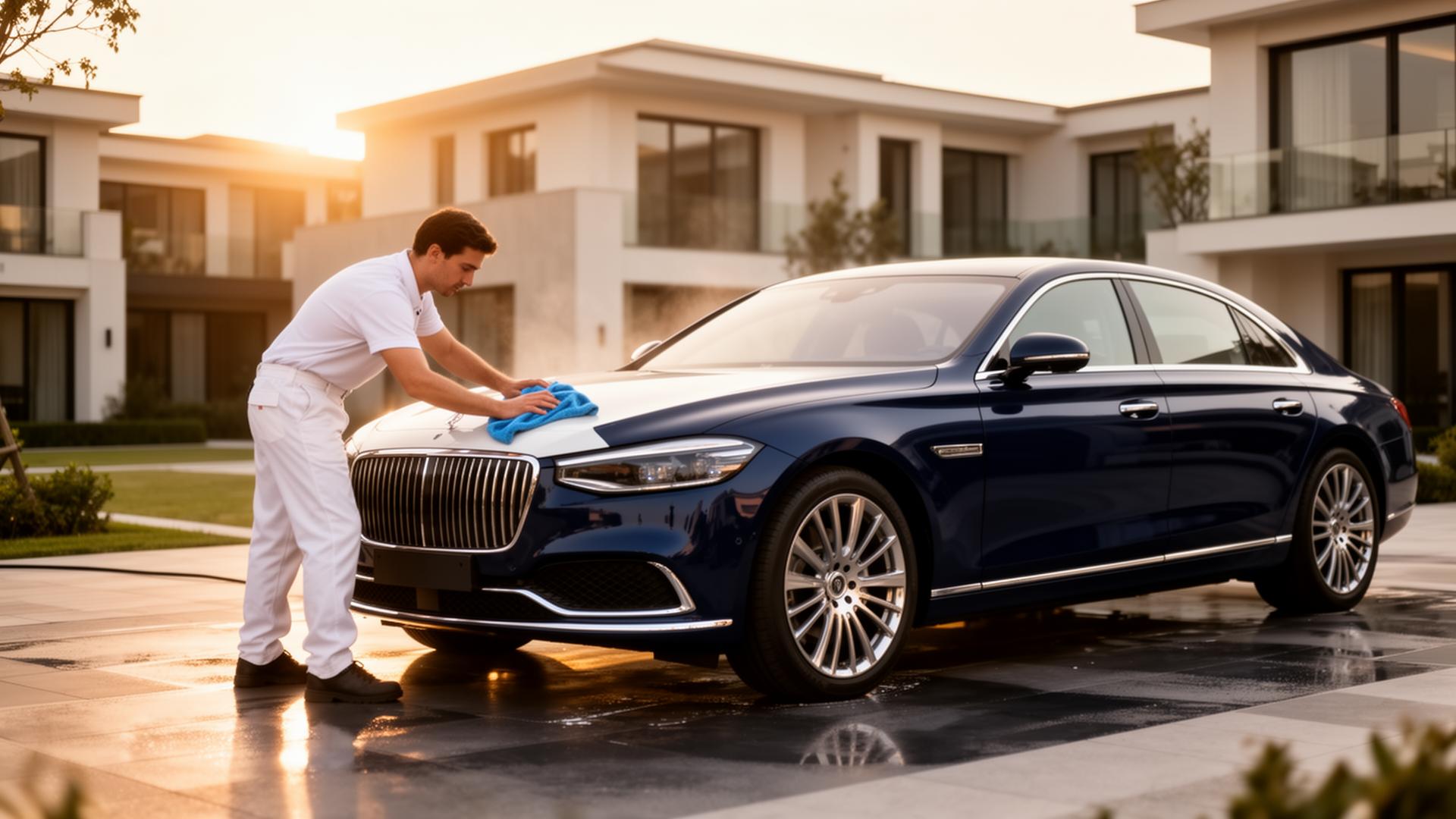 Professional cleaner caring for a car in a residential community at sunrise